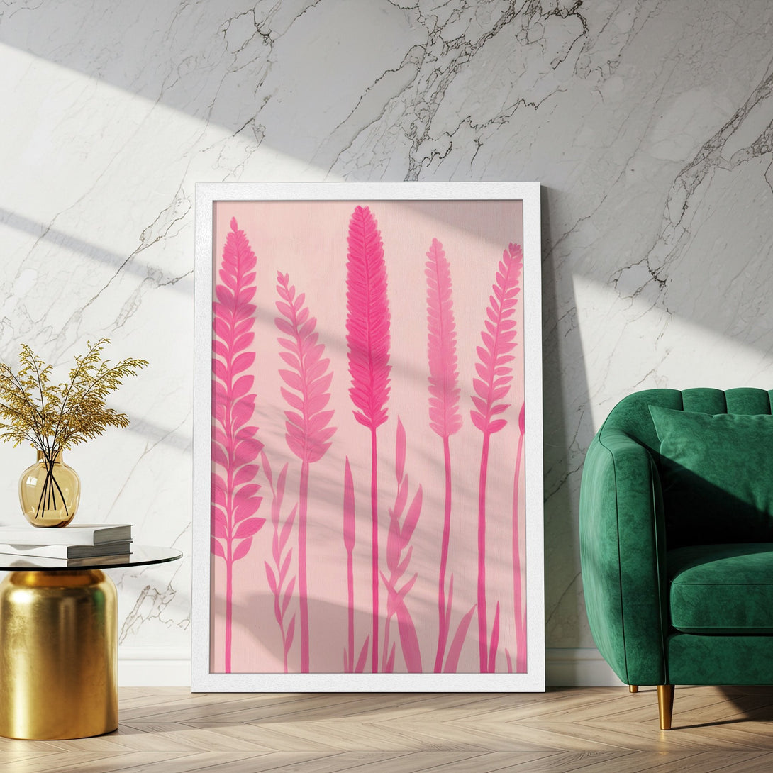 Framed Poster featuring pink floral art. Modern style with a pink and blush color palette, perfect for home decor.