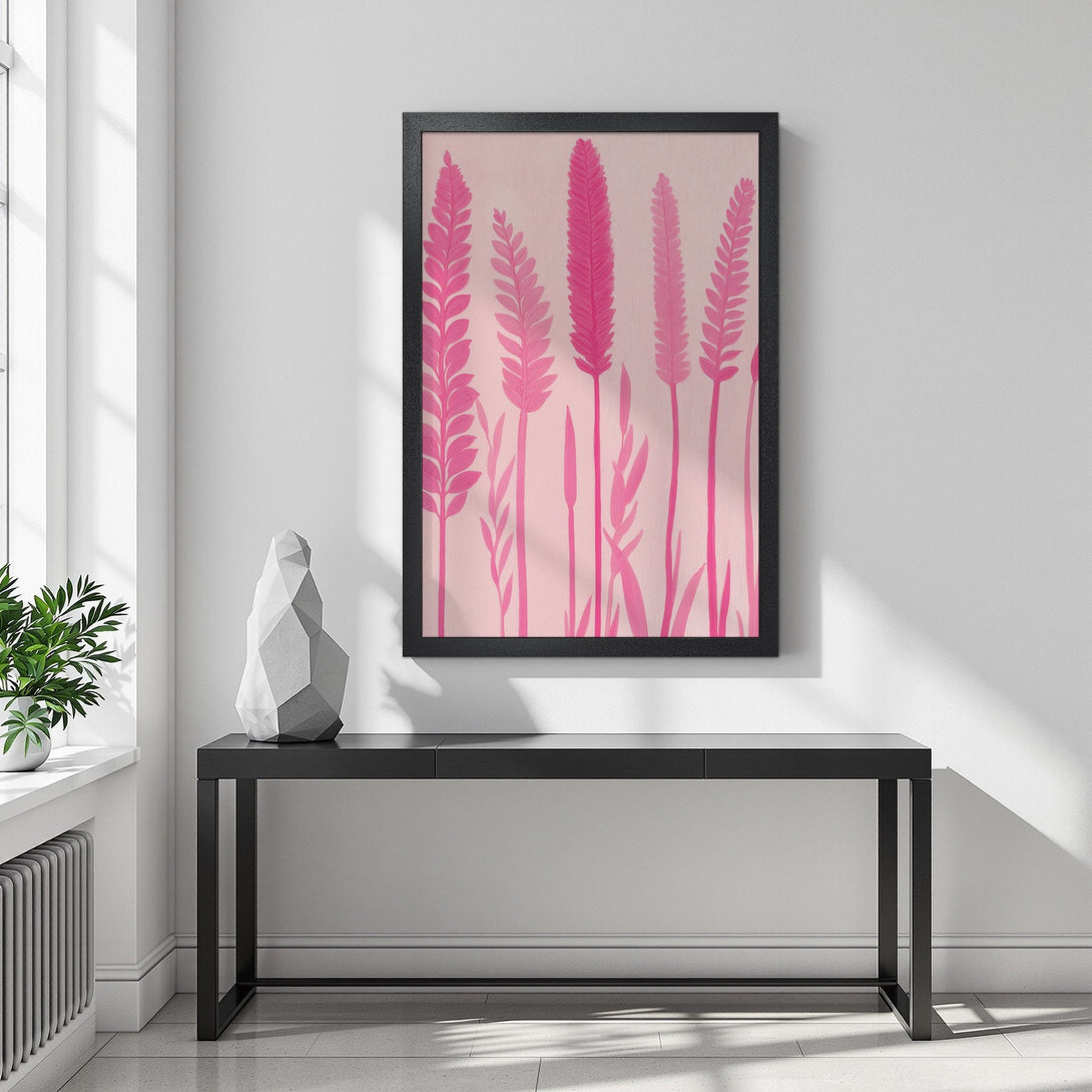 Framed Poster featuring pink floral art in a minimalist style. Perfect wall decor with a soft pink color palette.