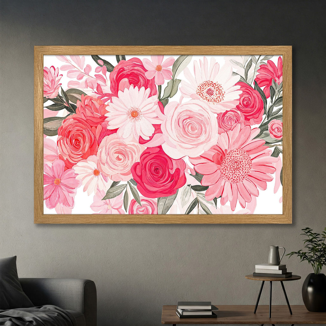 Framed Poster featuring a watercolor floral bouquet in pink and red hues. Perfect wall art for a touch of elegance.