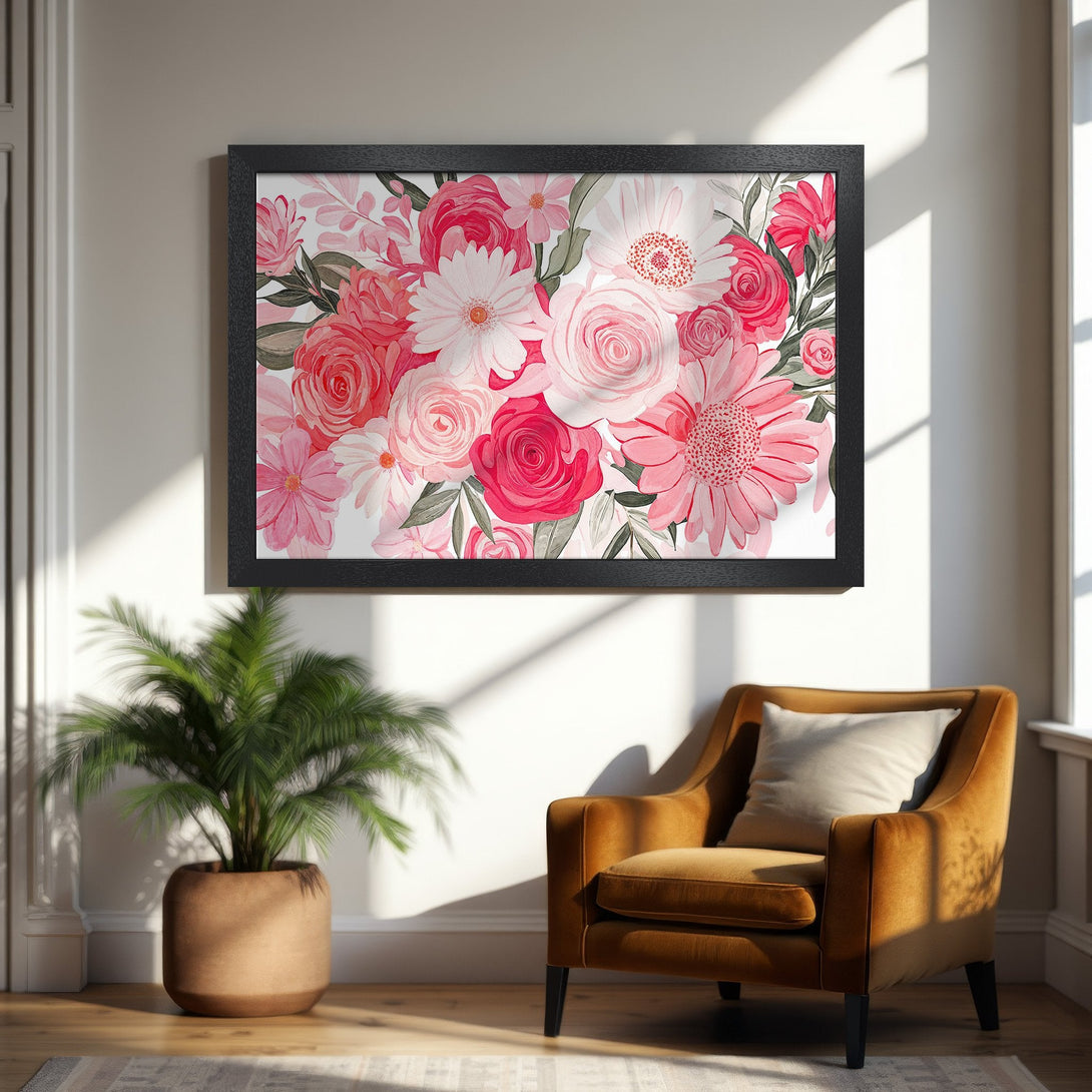 Framed Poster featuring a watercolor floral bouquet in pink and red hues. Perfect art for your home decor!
