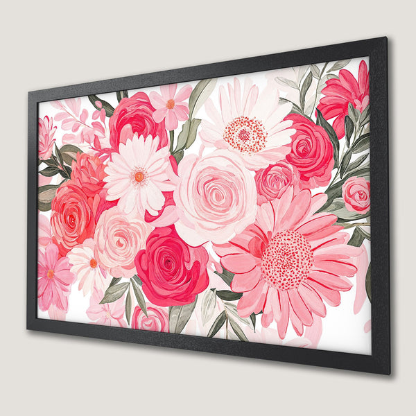 Framed Poster featuring a vibrant floral arrangement in watercolor style with a pink and red color palette. Perfect wall art!