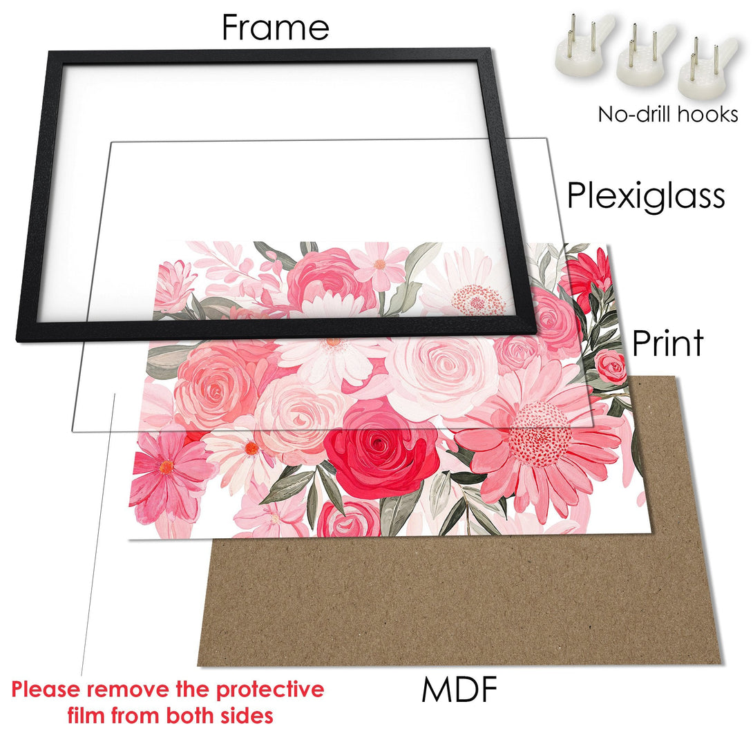 Framed Poster featuring watercolor floral art in pink and red hues. Perfect wall decor for a touch of elegance!