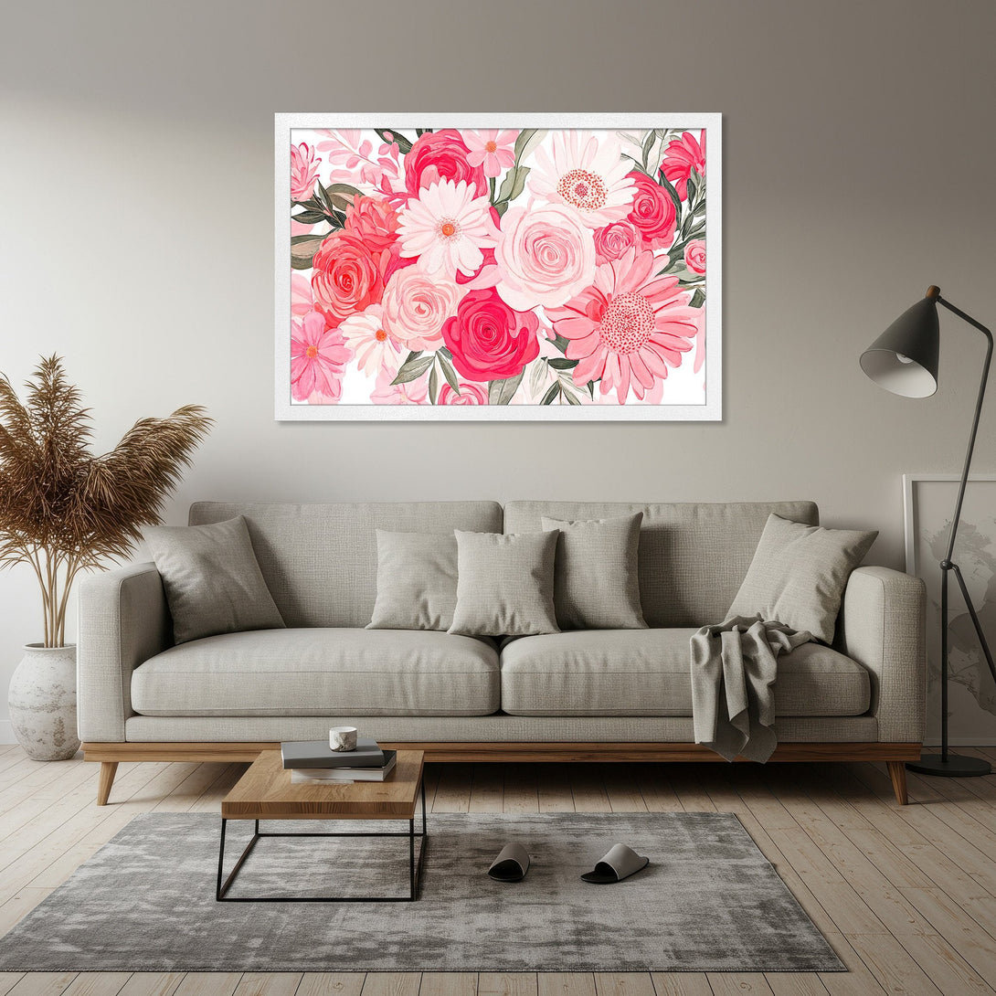 Framed Poster featuring a watercolor floral bouquet in pink and red hues. Perfect wall art for a touch of elegance and style.