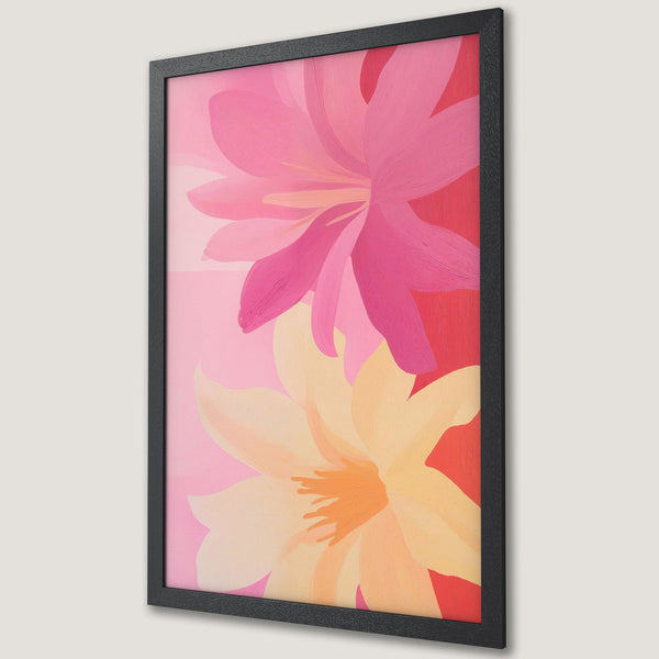 Framed Poster featuring abstract floral art in pink, peach, and red hues. Modern art print for your home decor.