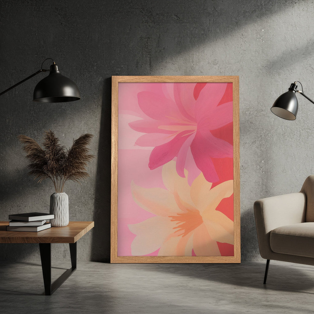 Framed Poster featuring abstract floral art in a pink and peach color palette. Modern style wall art for your home decor.