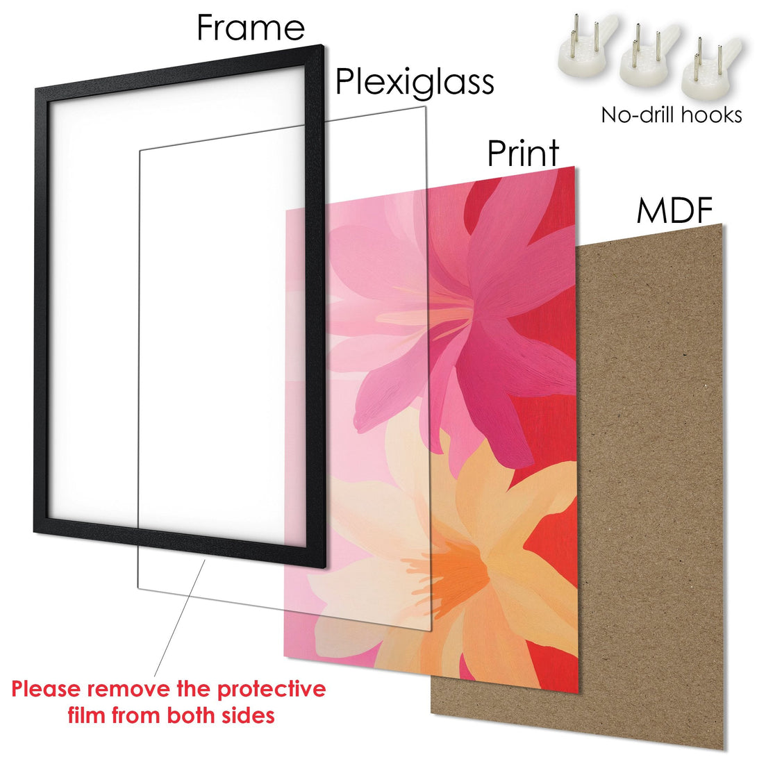Framed Poster featuring vibrant floral art in a pink and orange color palette. Add a pop of color to your space!