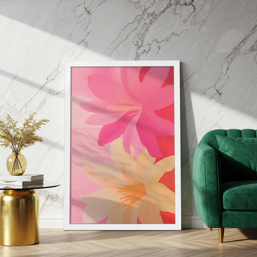 Framed Poster featuring abstract floral art in pink and peach tones, perfect for adding a pop of color to your space.