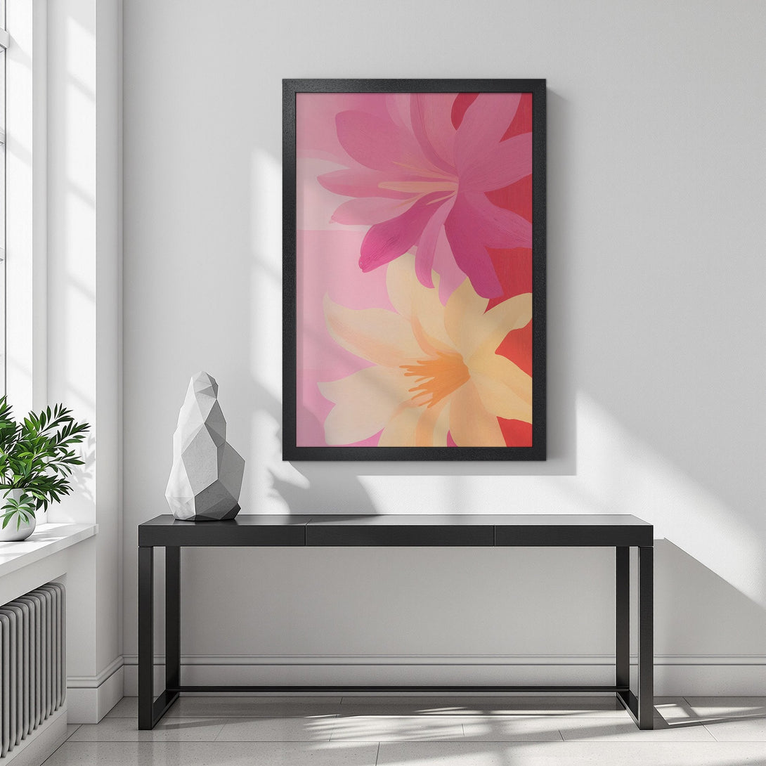 Framed Poster featuring abstract floral art in pink and yellow hues, perfect for adding a touch of modern elegance to your space.