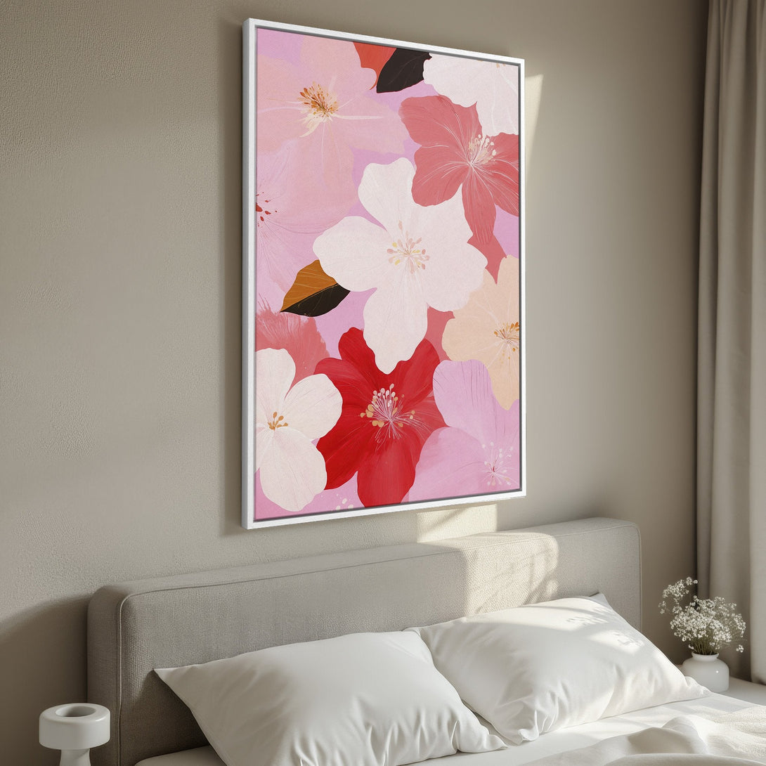 Framed Wall Art: Floral Canvas Print in pink and red hues. Modern botanical art for bedroom decor. Add a pop of color!