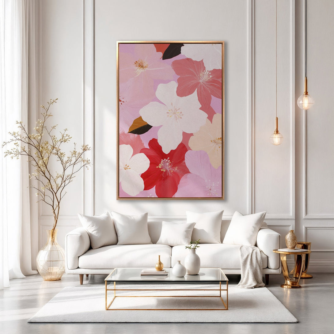 Framed Wall Art: Floral abstract art in pink and red hues. Modern canvas print adds elegance to a living room. Shop now!