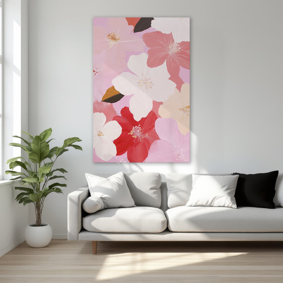 Framed Wall Art featuring vibrant pink floral art. Modern style with a soft, feminine color palette. Perfect for adding a touch of elegance to any space.