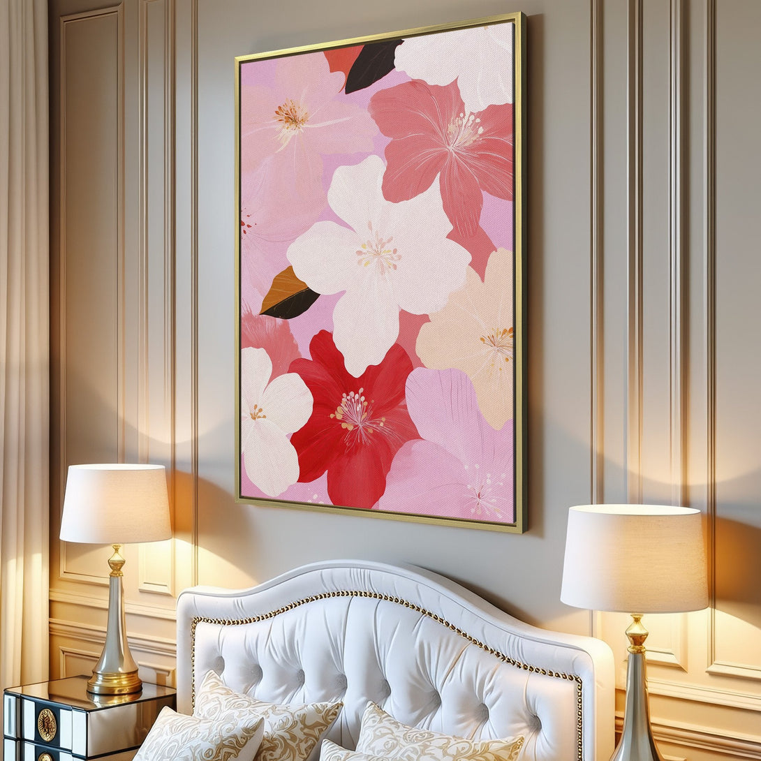 Canvas Print of floral art in a modern interior. Featuring a soft, pastel color palette of pinks, whites, and reds.