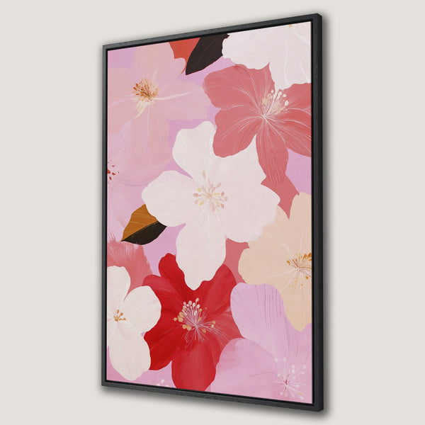 Framed Wall Art featuring abstract floral design in pink, red, and white. Modern canvas print perfect for adding a pop of color to any room.
