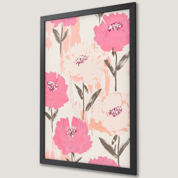 Framed Poster featuring vibrant pink floral art, modern style, soft pink & neutral color palette. Perfect wall decor!