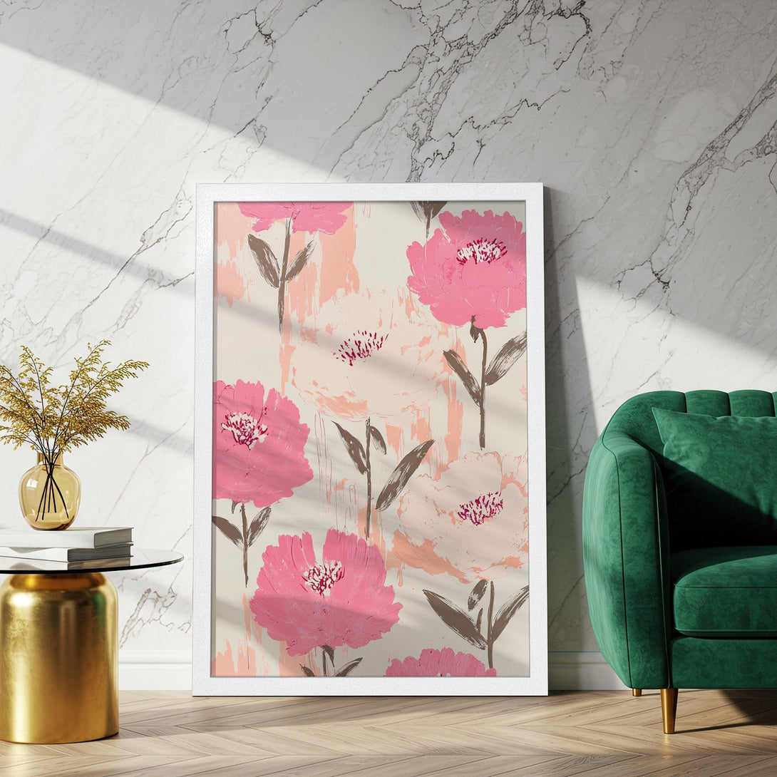 Framed Poster featuring pink floral art in a modern style. The color palette includes pink, cream, and brown tones, perfect for home decor.