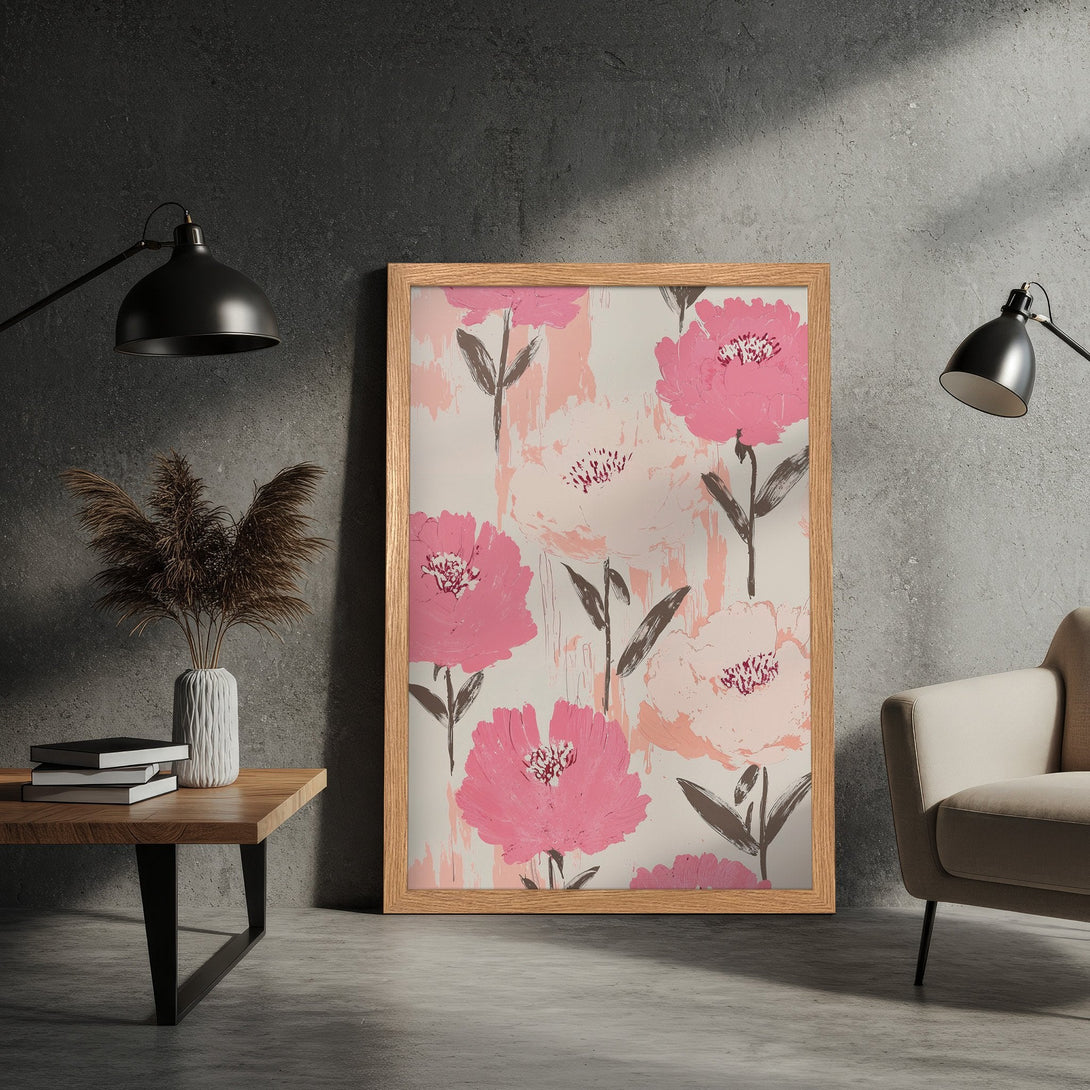Framed Poster featuring vibrant pink floral art. Modern style, soft color palette perfect for home decor. Shop this beautiful Poster today!