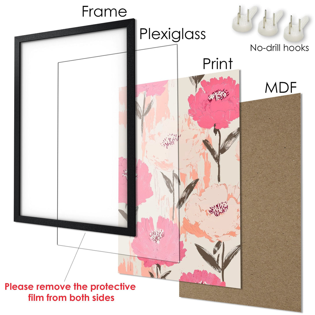 Framed Poster with floral art in pink and beige tones. Modern wall decor.