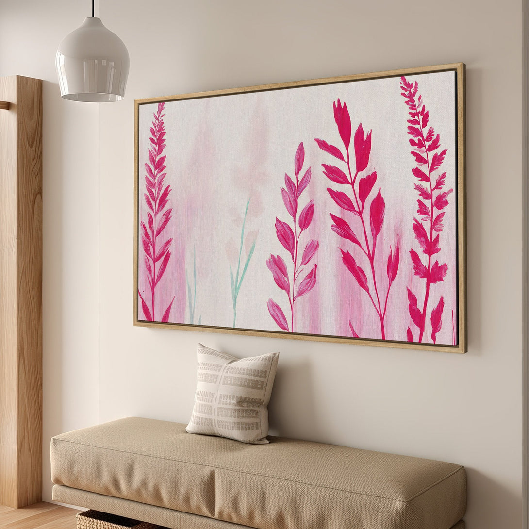 Framed Wall Art: Abstract floral Canvas Print in pink and white. Modern botanical art adds a pop of color to any interior.