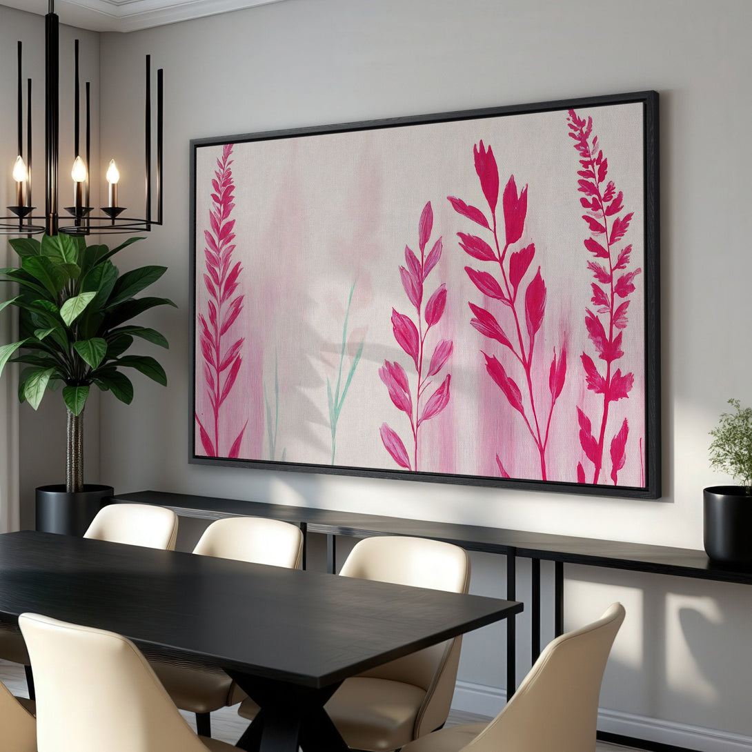 Framed Wall Art featuring vibrant pink botanical art in a modern interior. Adds a pop of color with a soft pink and white palette. Shop now!