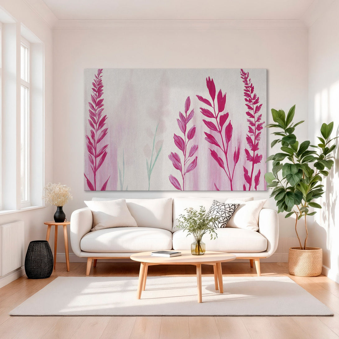 Framed Wall Art featuring vibrant pink botanical art. Modern style with a soft pink and gold color palette, perfect for living room decor.