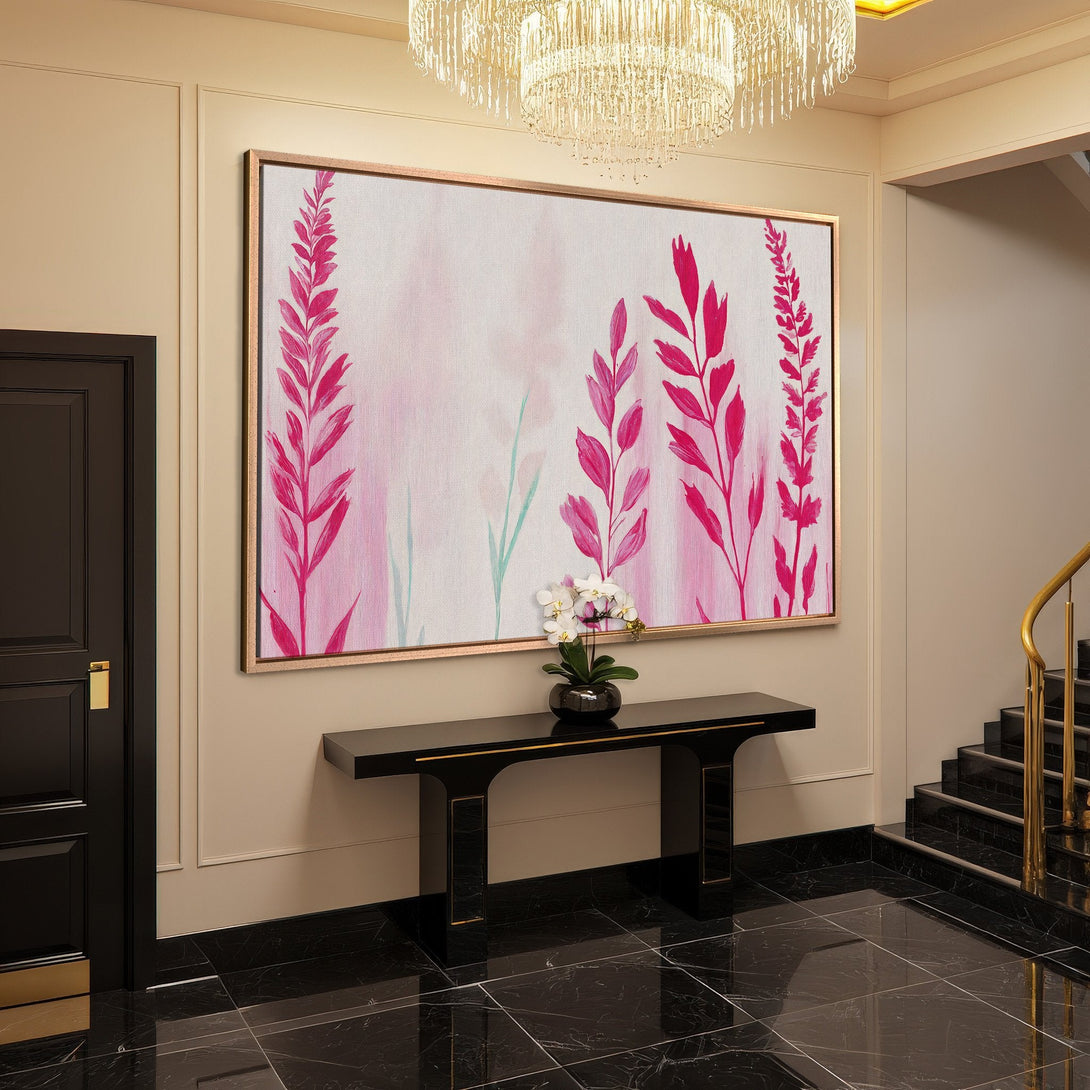 Framed Wall Art: Modern floral Canvas Print in pink and white, perfect for adding a touch of elegance to your home decor.
