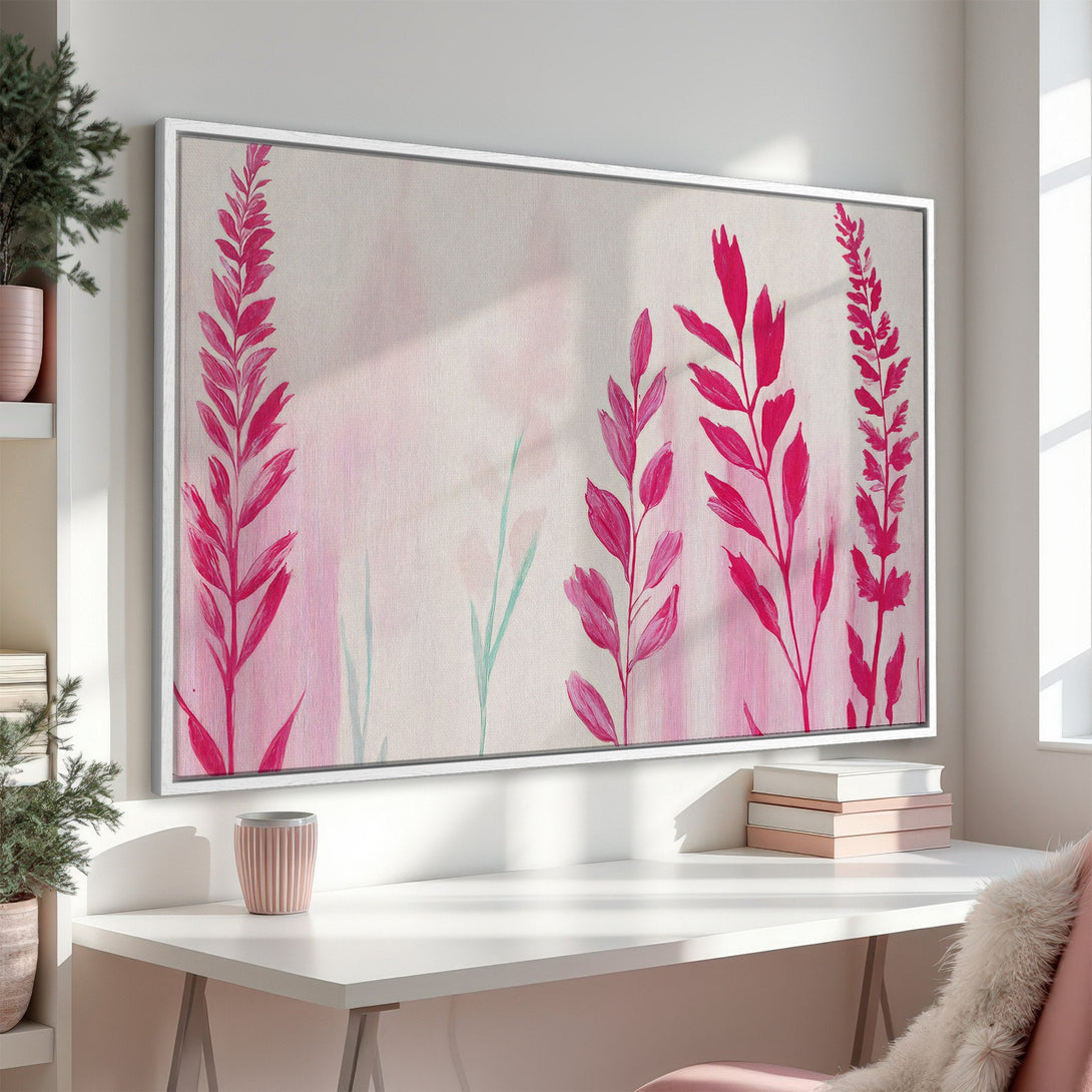 Framed Wall Art featuring vibrant pink floral abstract art. Beautiful canvas print with a soft pink and neutral color palette, perfect for adding a touch of elegance.