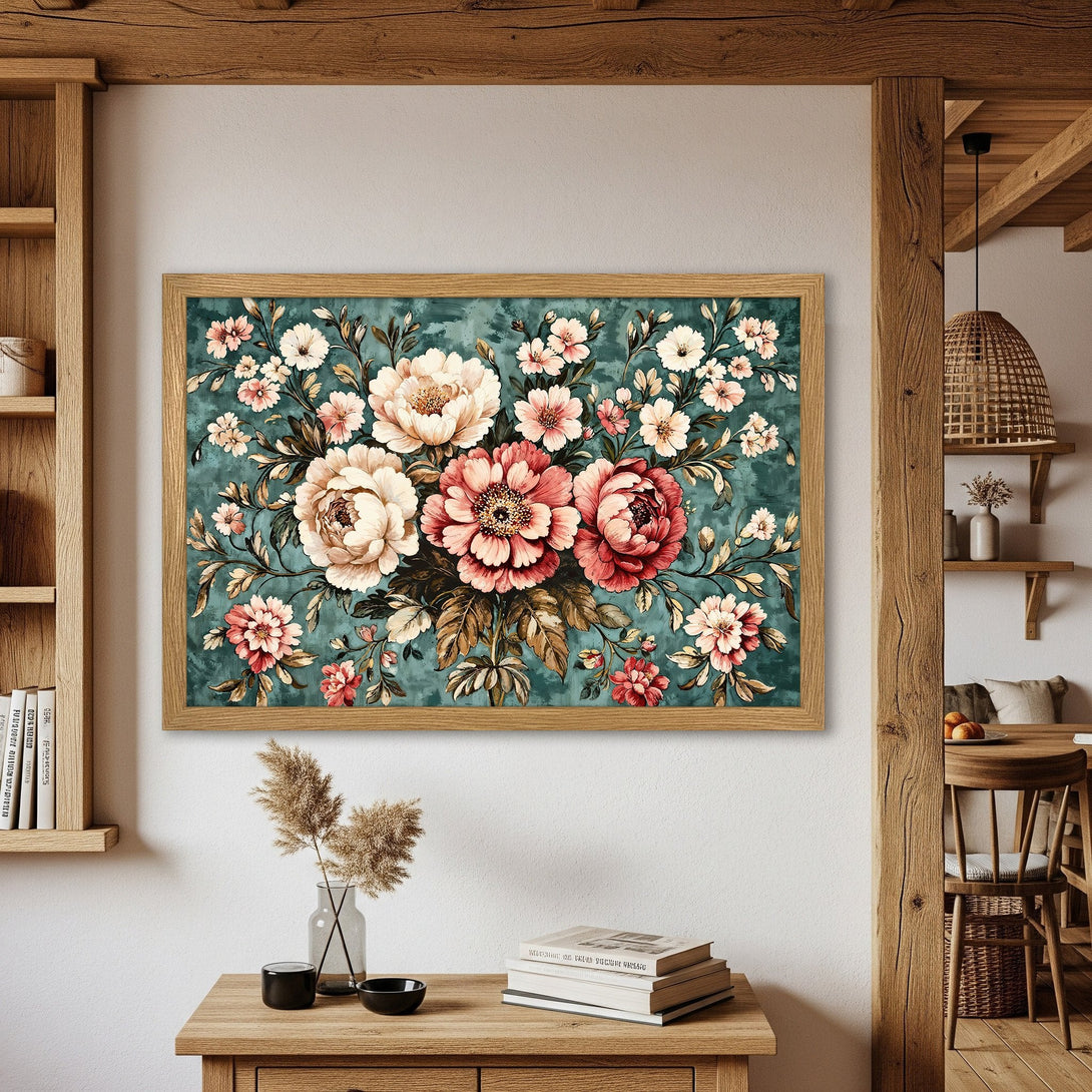 Framed Poster featuring a floral design with a teal background and a warm color palette. Perfect wall art for a cozy home.