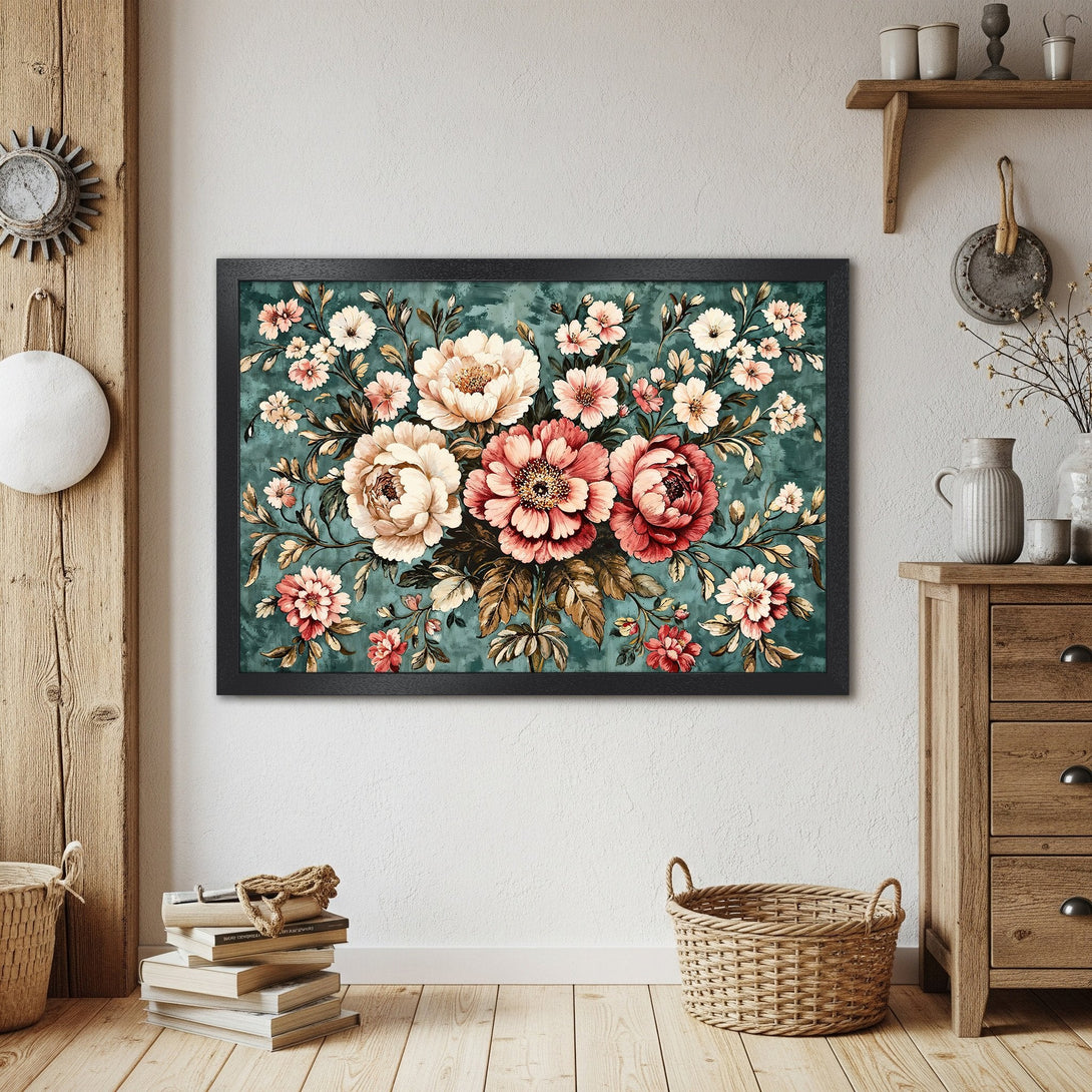 Framed Poster featuring floral art in a vintage style with a teal and blush color palette. Perfect for home decor.