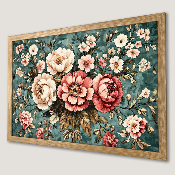 Framed Poster featuring a floral bouquet in a vintage style with a teal and pink color palette. Perfect wall art for your home!