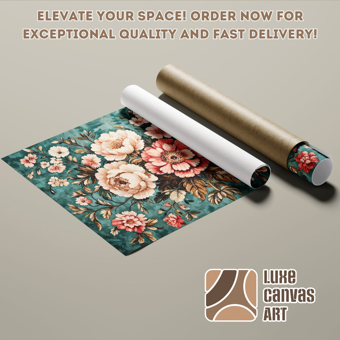 Floral Poster Roll with teal, peach, and brown color palette. Elevate your space with Luxe Canvas Art!