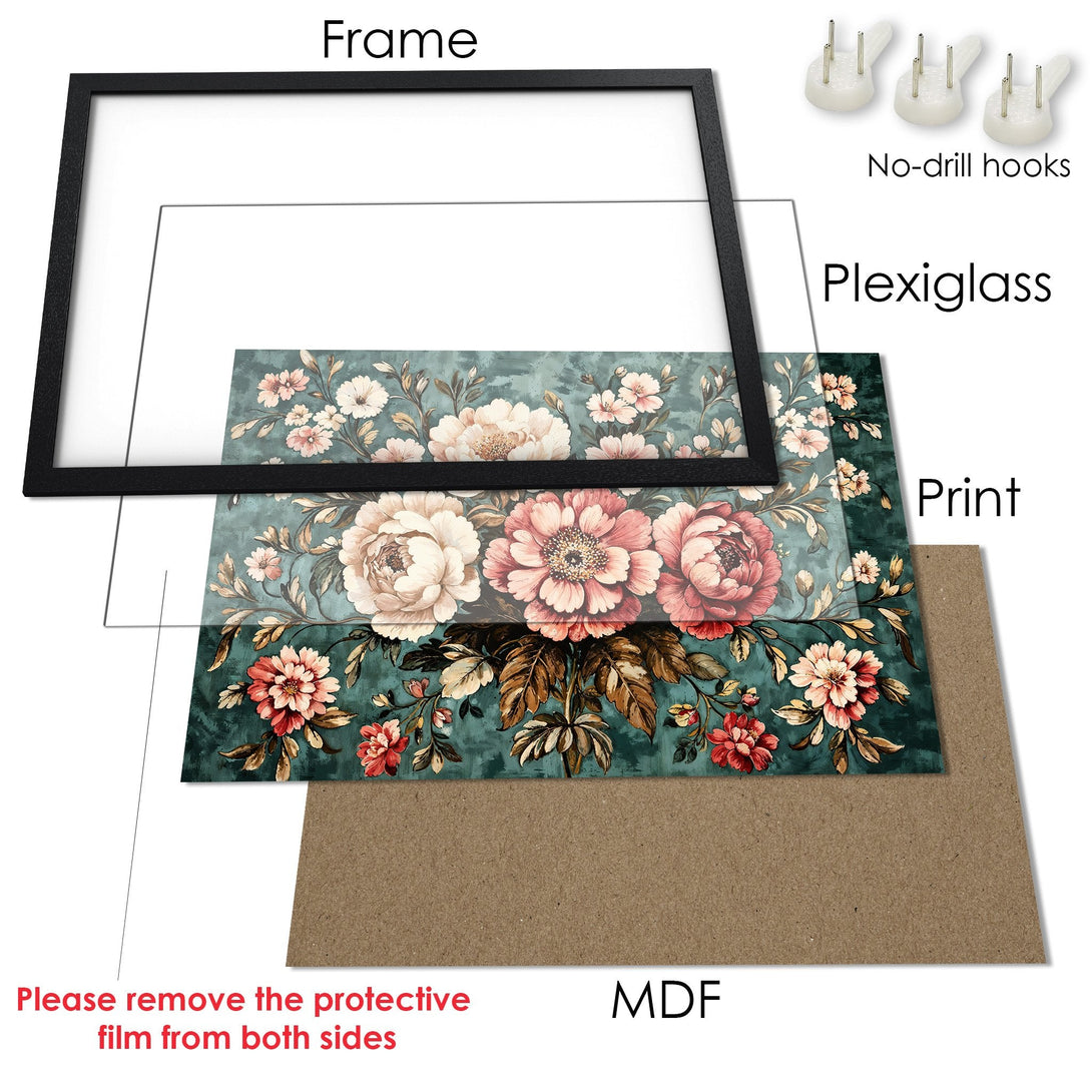 Framed Poster featuring a floral design in a vintage style with a teal and blush color palette. Perfect wall art!