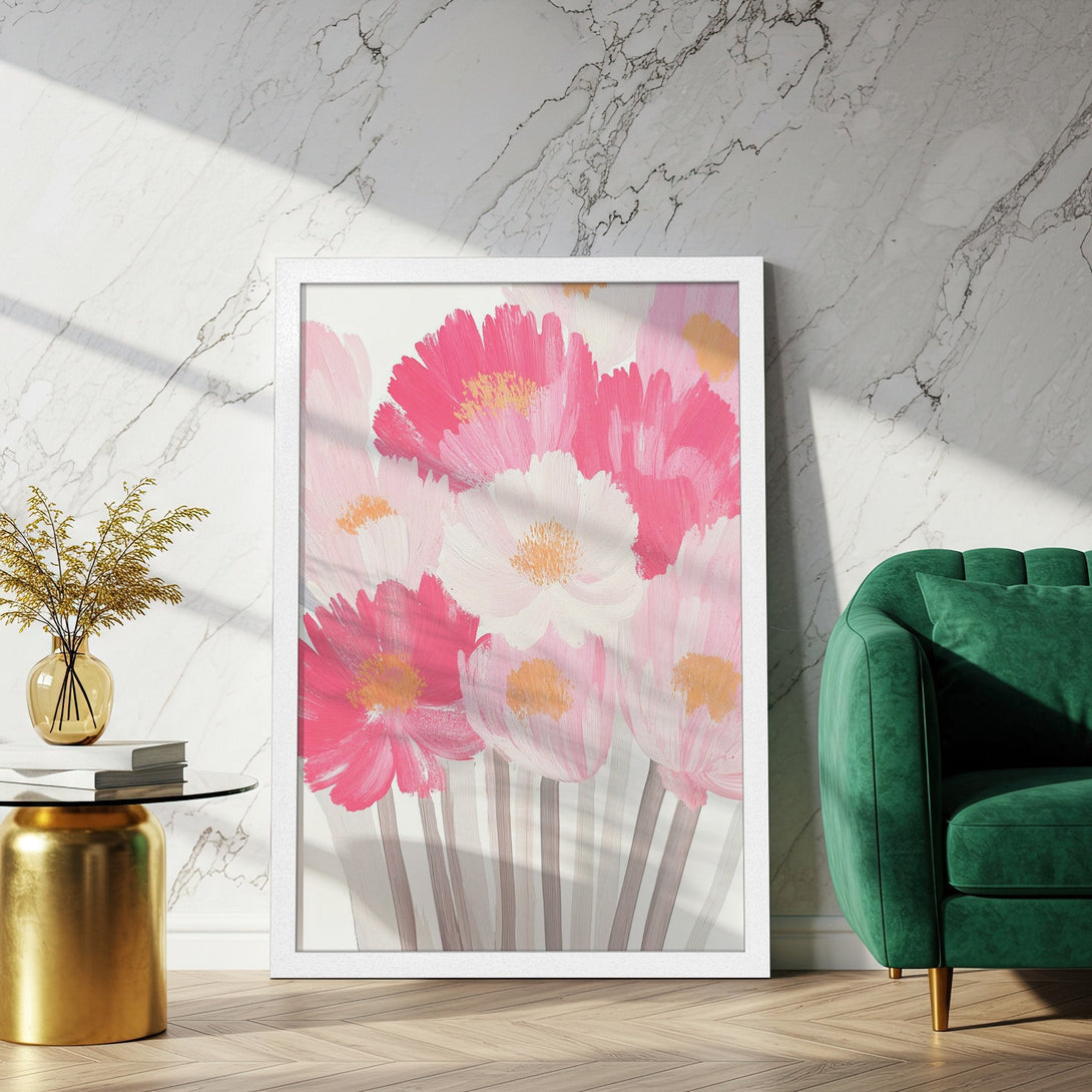 Framed Poster featuring vibrant pink floral art, perfect for adding a pop of color and modern style to your home decor.