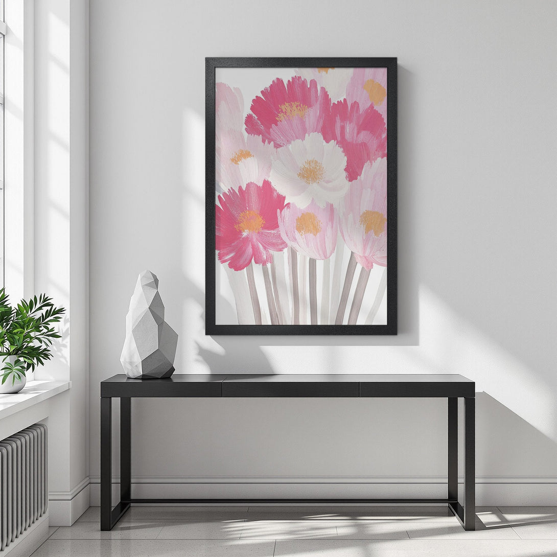 Framed Poster featuring pink & white floral art, modern style, soft color palette. Perfect wall decor.