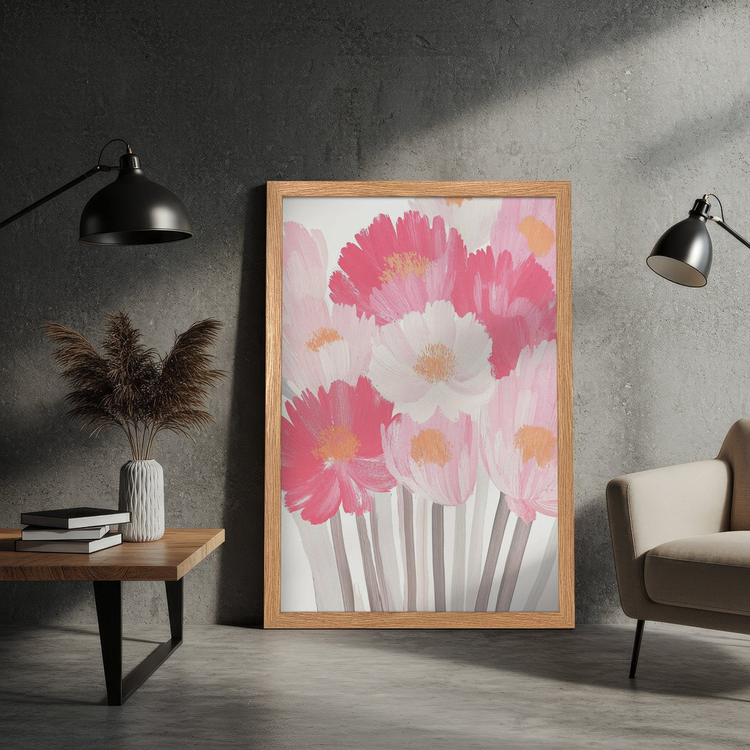 Framed Poster featuring vibrant pink floral art. Modern style, soft color palette perfect for home decor. Shop now!