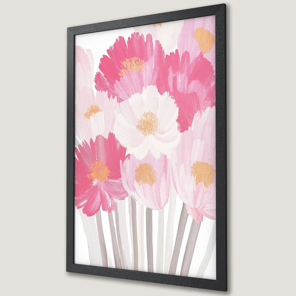 Framed Poster featuring vibrant pink floral artwork. Modern art print with a soft, pastel color palette. Perfect wall decor for any space.