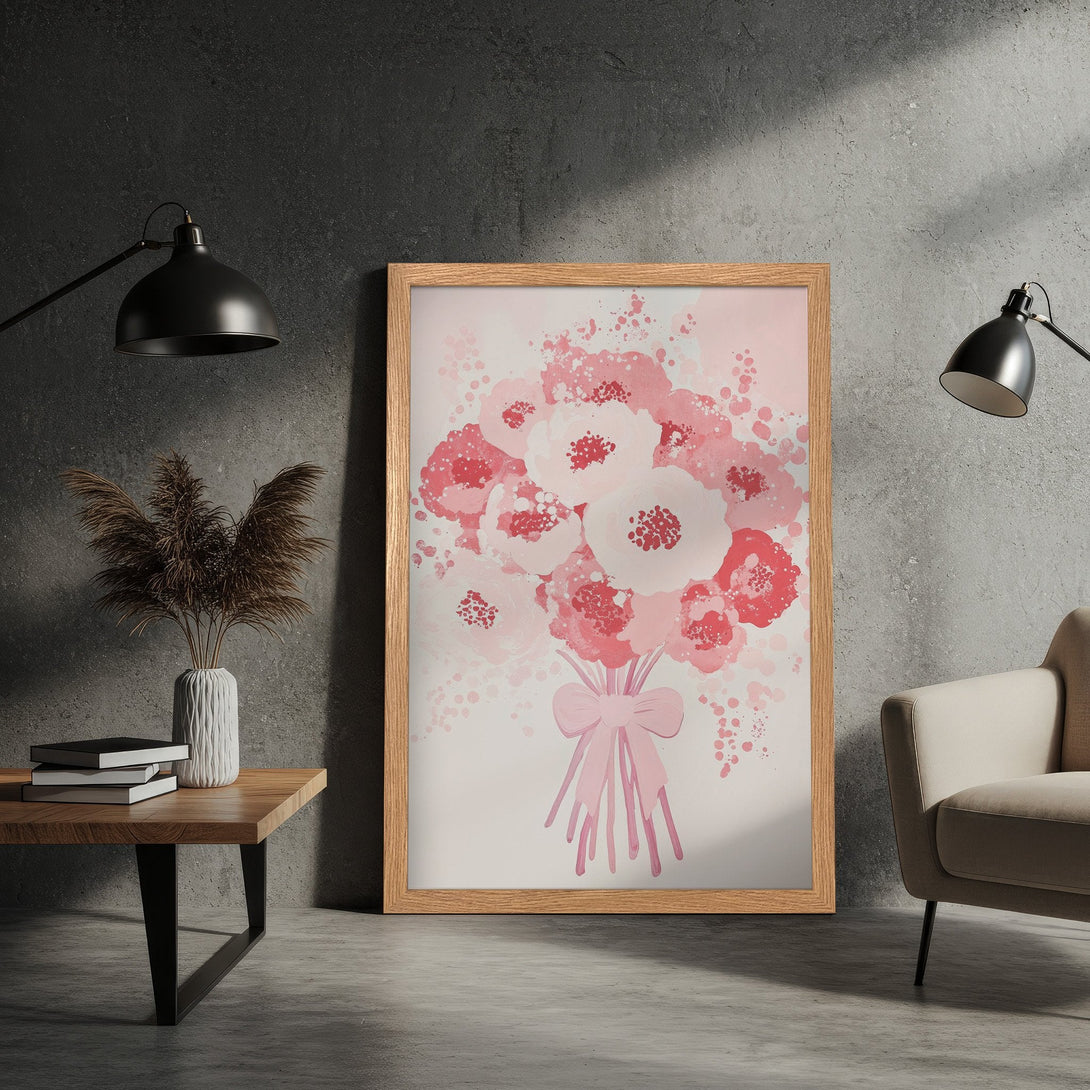 Framed Poster featuring a floral bouquet art print in a soft pink color palette. Modern style, perfect for home decor.