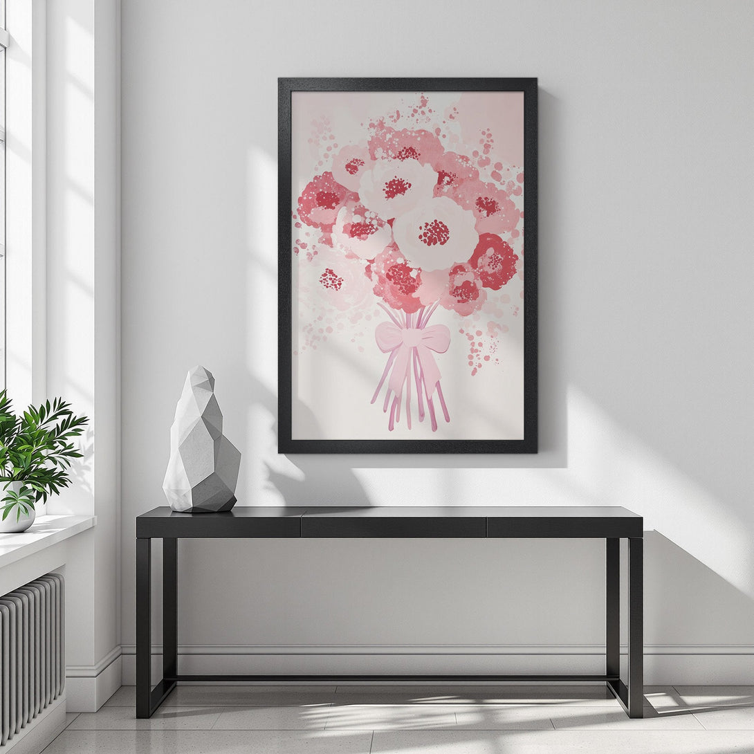 Framed Poster featuring a watercolor bouquet in pink and red hues. Modern floral art perfect for home decor.