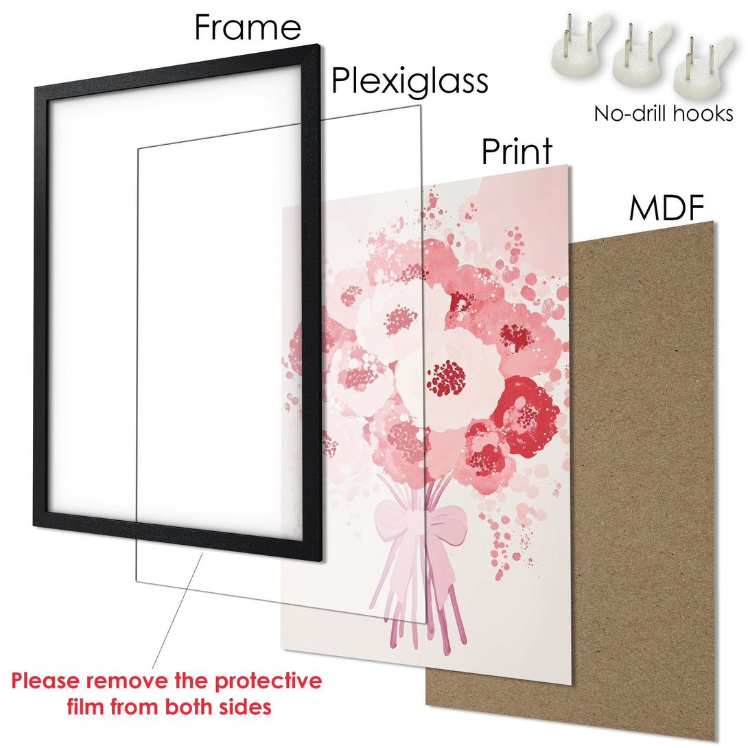 Framed Poster featuring a watercolor floral design in a pink and red color palette. Perfect wall art!