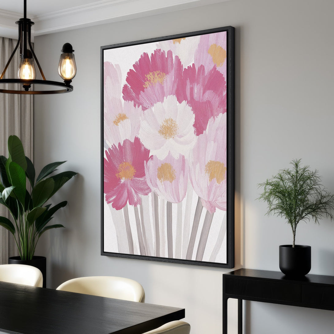 Framed Wall Art featuring a floral abstract in pink and white hues. Modern canvas print perfect for adding a touch of elegance to any interior space.