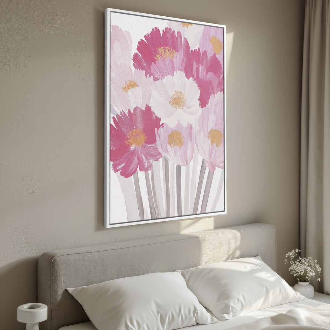 Framed Wall Art featuring a floral abstract in pink and white hues, perfect for bedroom decor. Enhance your space with this beautiful canvas print!