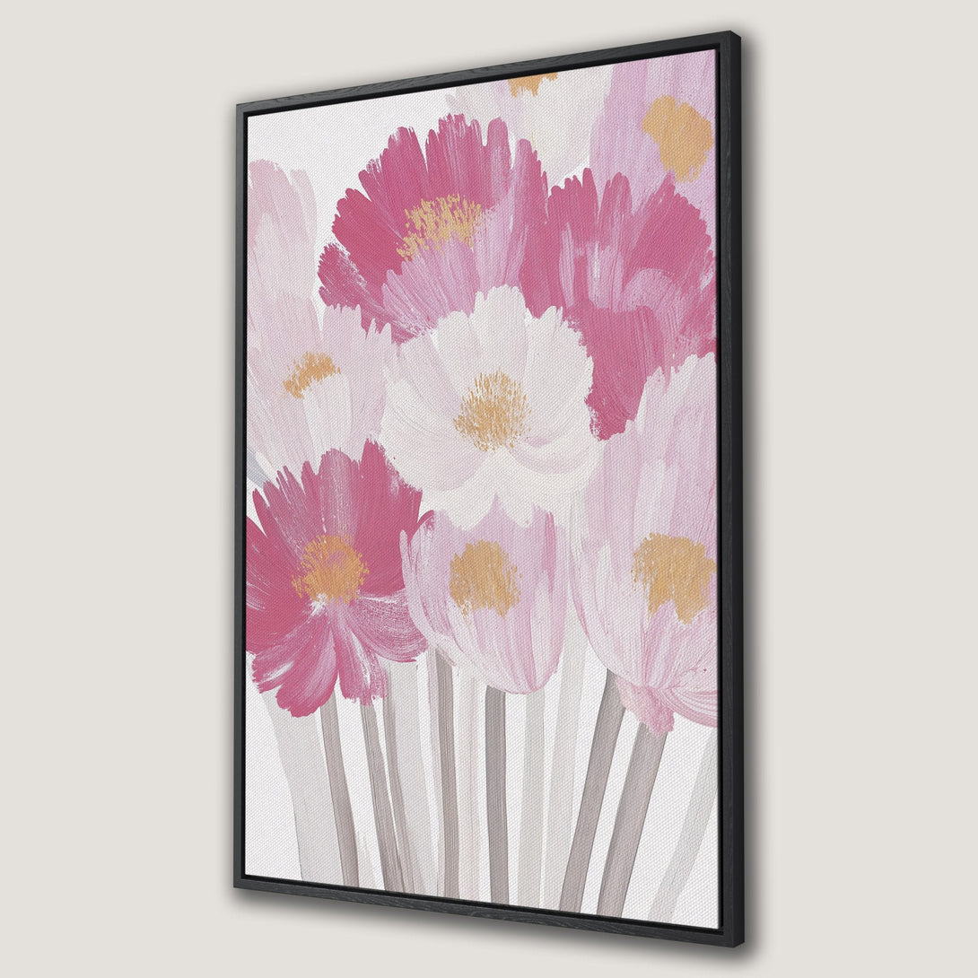 Framed Wall Art featuring a vibrant floral painting in pink and white hues. Modern abstract style, perfect for adding a touch of elegance to any space.