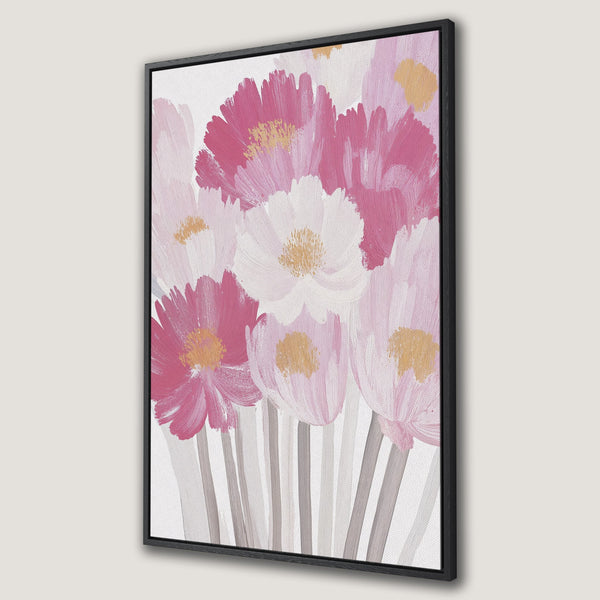 Framed Wall Art featuring a vibrant floral painting in pink and white hues. Modern abstract style, perfect for adding a touch of elegance to any space.