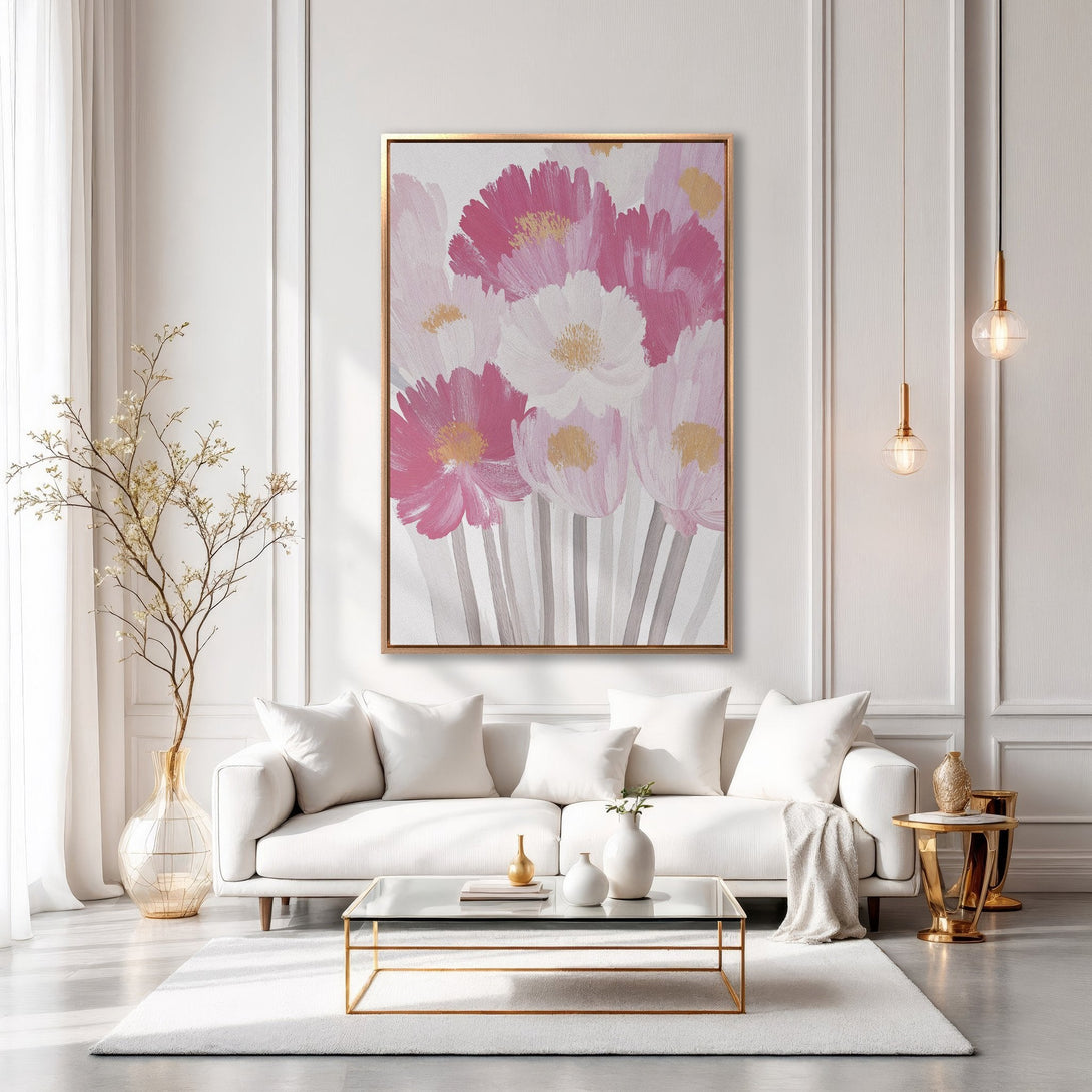 Framed Wall Art featuring a floral painting in pink and white hues. Modern, elegant decor for any living space.
