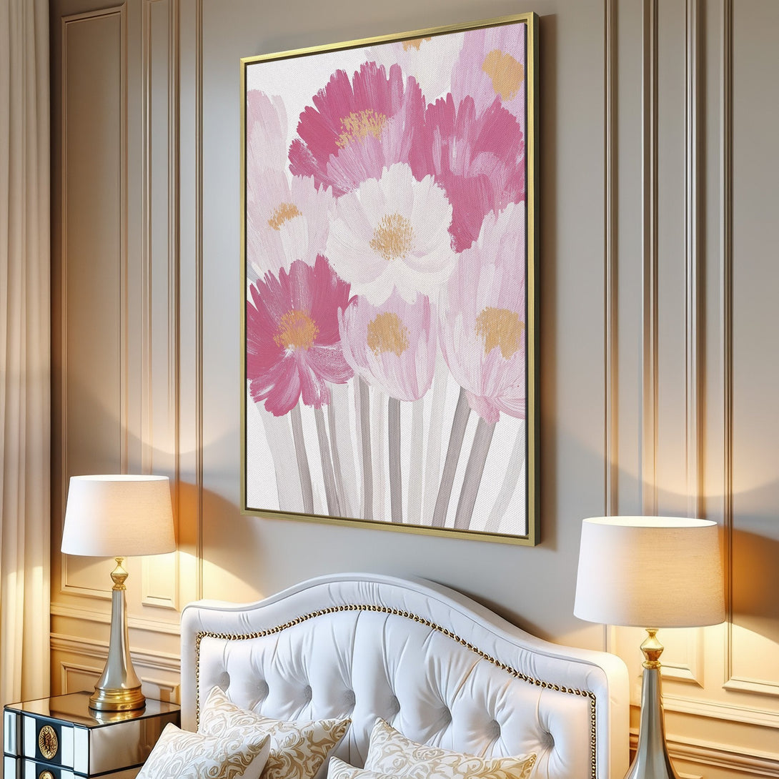 Canvas Print of pink and white floral art, modern style, displayed in a living room setting. Soft pink and neutral color palette.