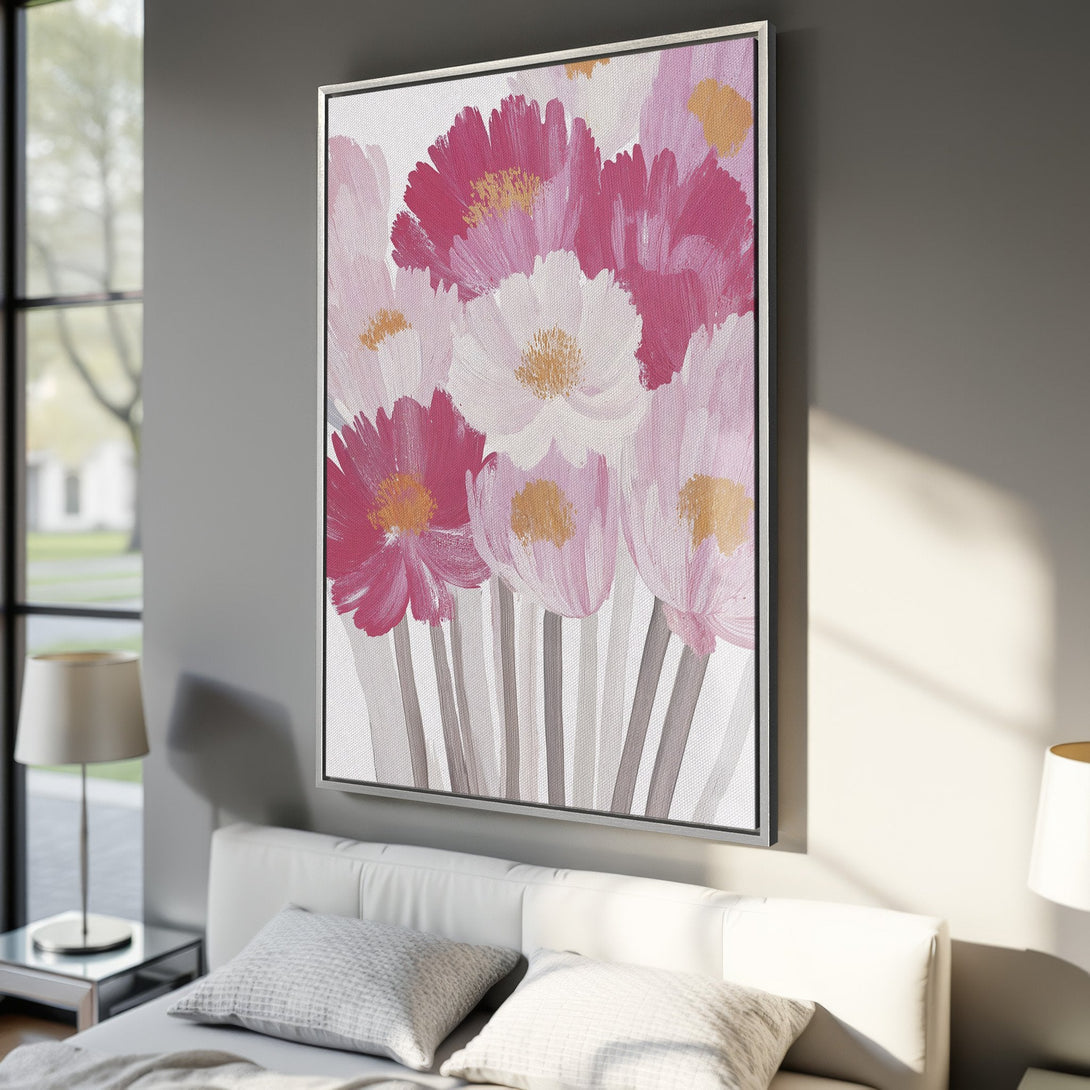 Framed Wall Art featuring a floral abstract painting in pink, white, and gold hues. Modern art for bedroom decor.