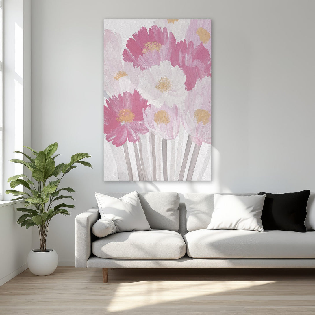 Framed Wall Art featuring abstract floral art in pink and white hues. Perfect for adding a touch of elegance to any bedroom decor.