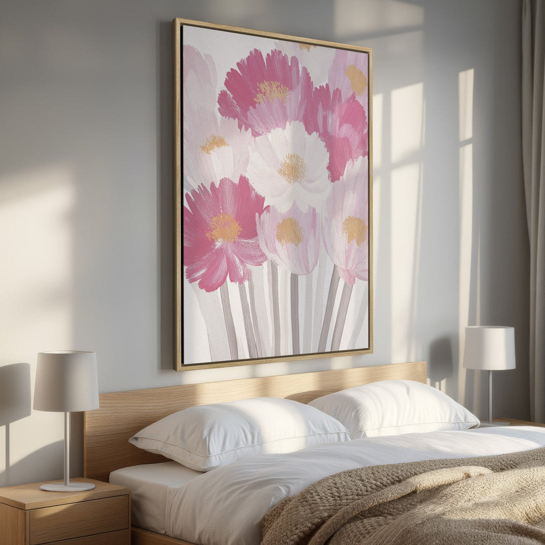 Framed Wall Art featuring abstract pink floral art. Modern, stylish Canvas Print with a soft, feminine color palette, perfect for bedroom decor.