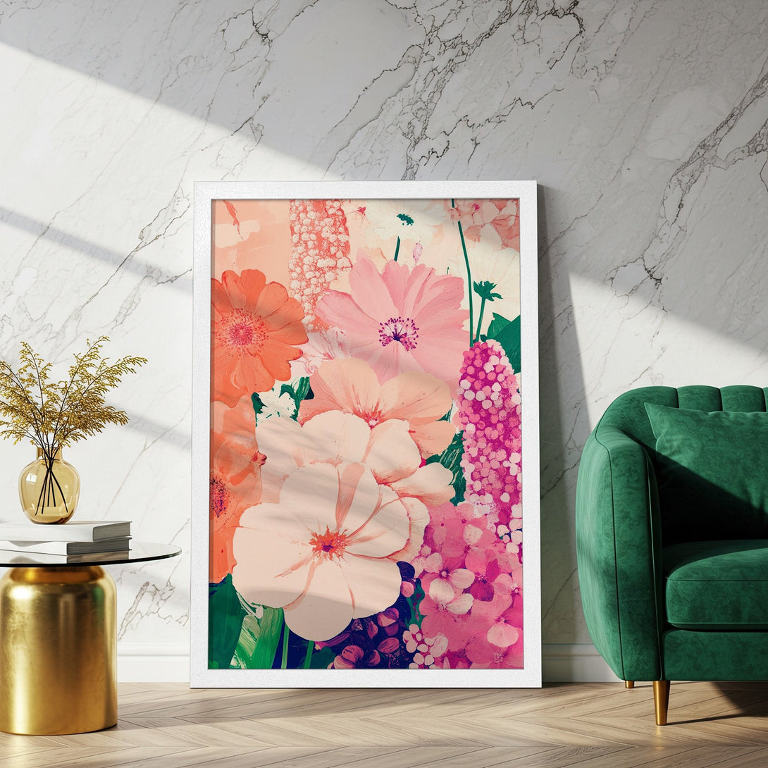 Framed Poster featuring vibrant floral art in a soft, painterly style with a warm pink and coral color palette. Perfect wall decor!