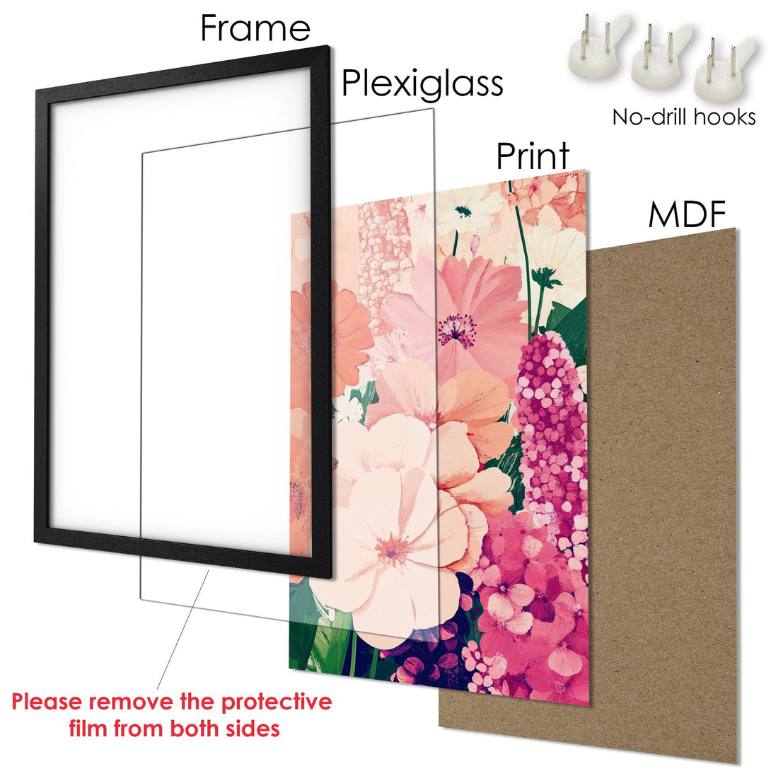 Framed Poster featuring beautiful floral art in a soft pink and peach color palette, perfect for home decor.