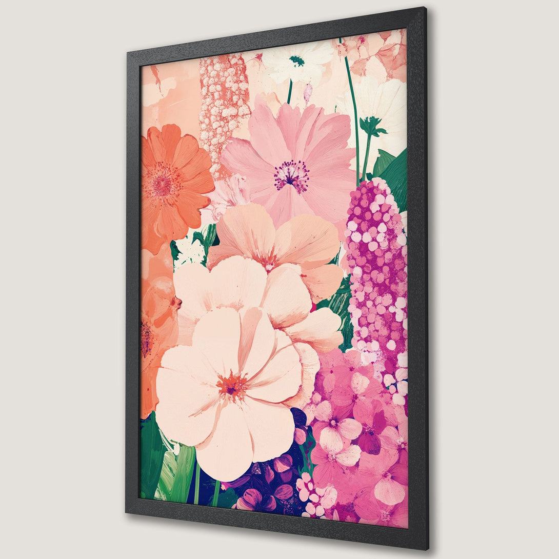 Framed Poster featuring a vibrant floral arrangement in a painterly style with a pink and coral color palette. Perfect wall art!